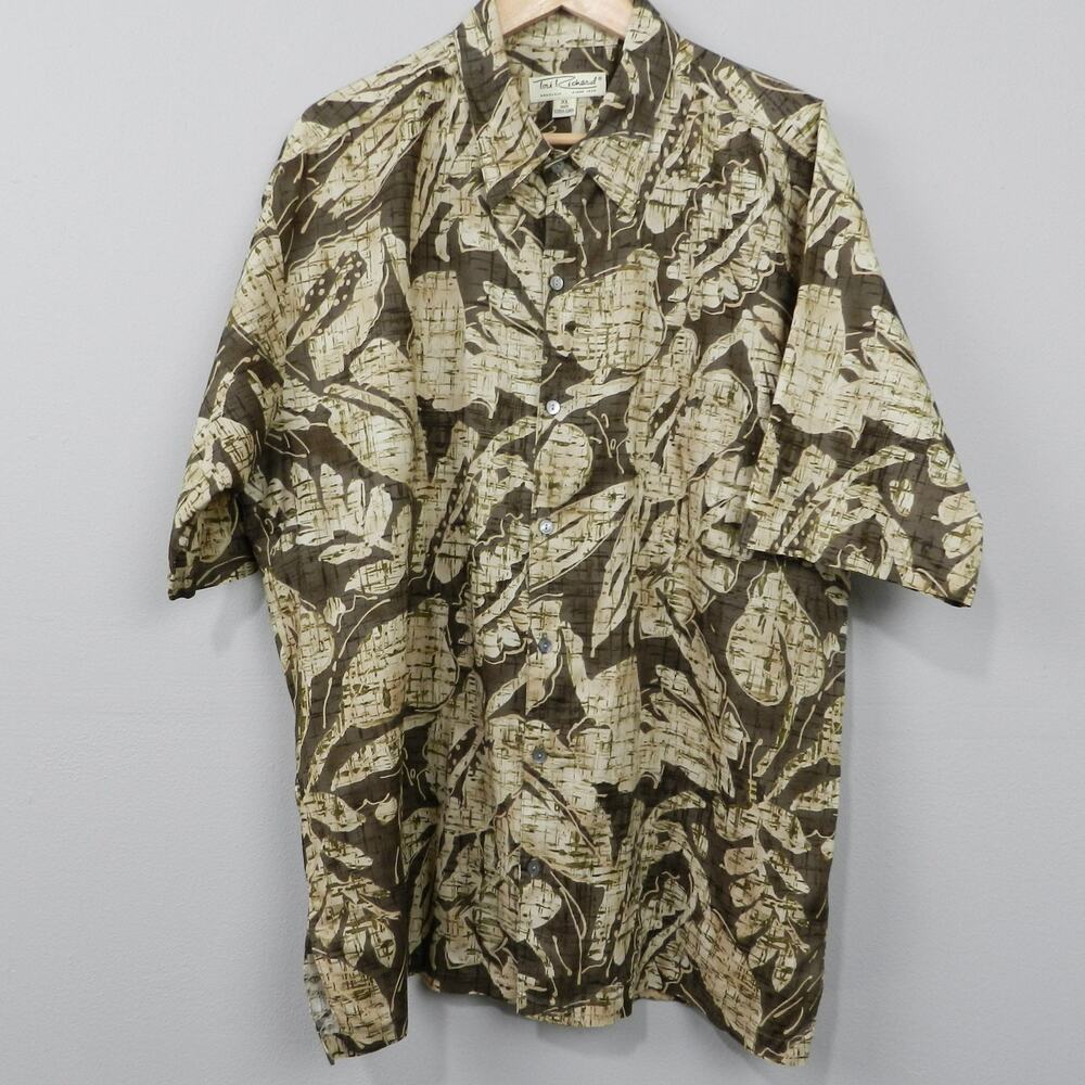 VTG 90s‎ Tori Richard Hawaiian Shirt Size XL Brown Beige Leaf Cotton Lawn USA